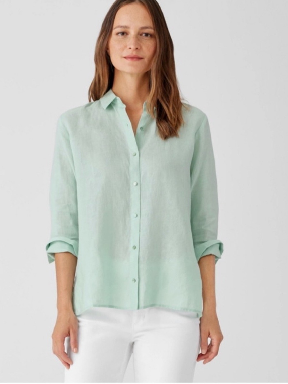 Eileen Fisher Pale Mint Long-Sleeve Button Front Top Made in the USA
